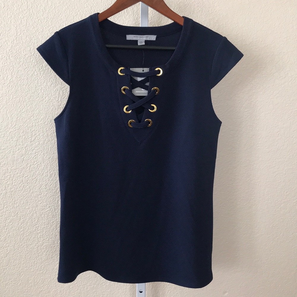 Andrew Marc Textured Lace Up Top Navy Gold Detail